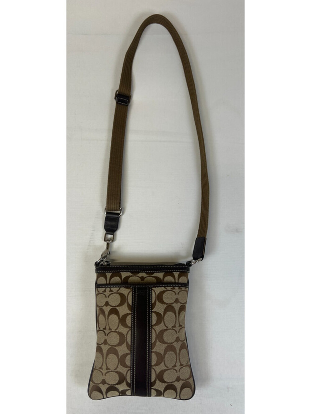 Coach Signature Brown Khaki Canvas Leather Trim Crossbody Shoulder Bag Purse